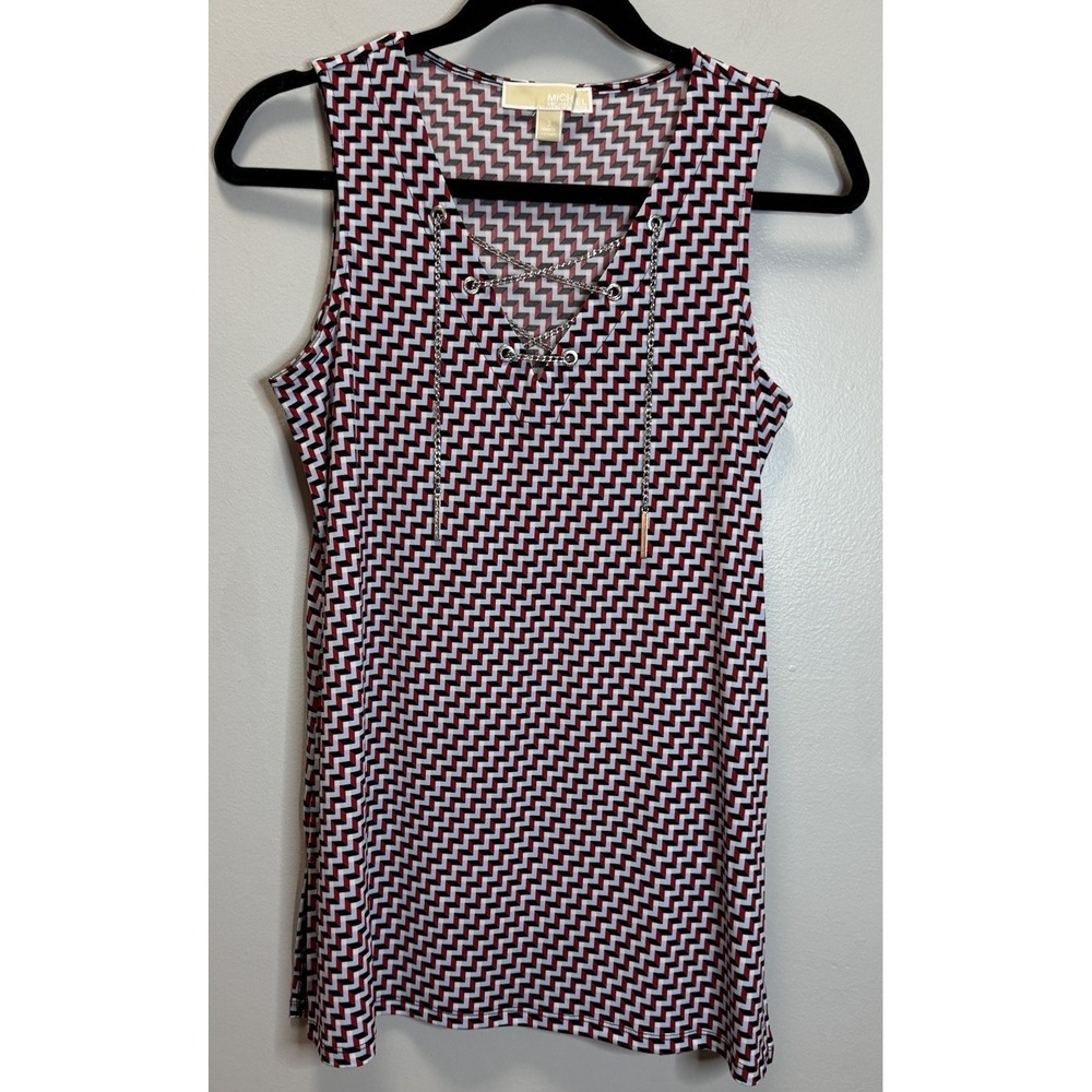 Michael Kors Shirt SZ S Red Black Sleeveless Silver Accent Casual Chevron